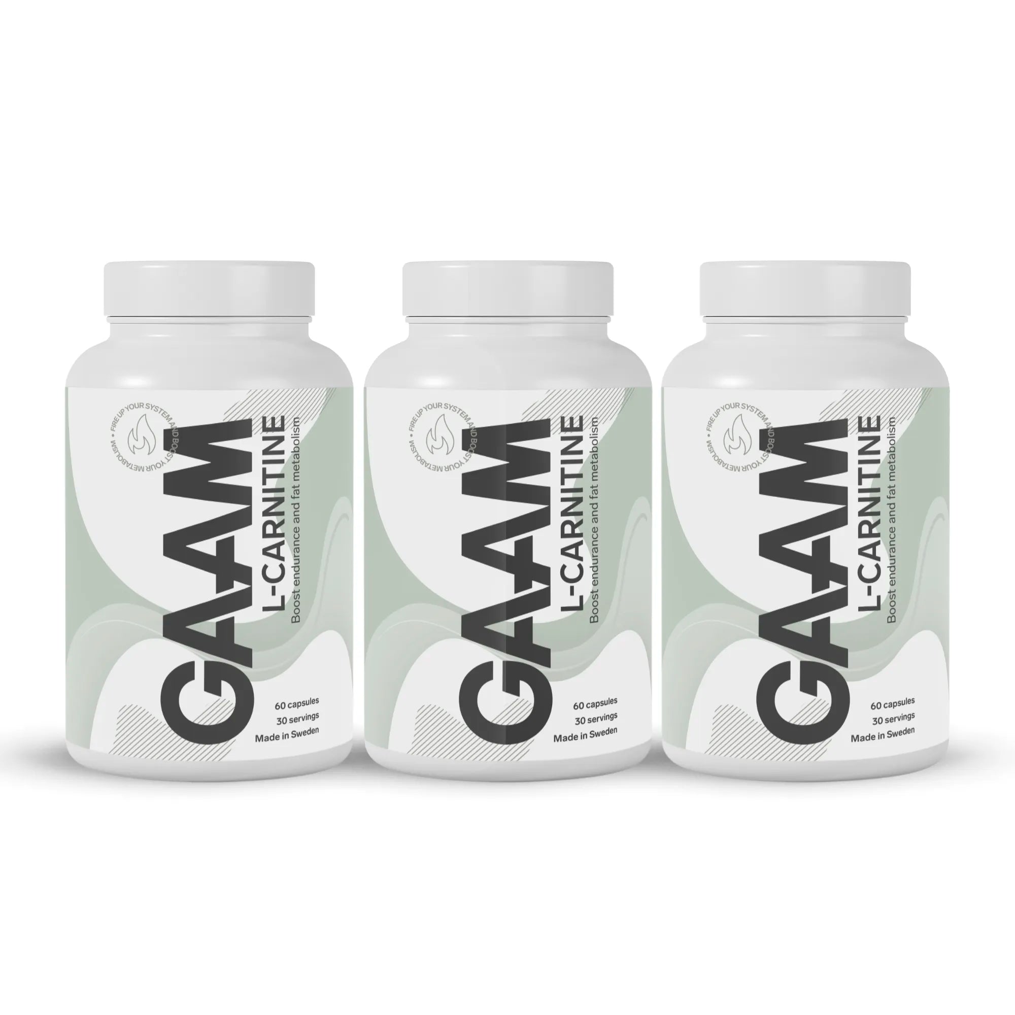 3 x GAAM L-Carnitine 60 caps kolmessa valkoisessa purkissa harmaanvihreillä yksityiskohdilla ja mustalla tekstillä.