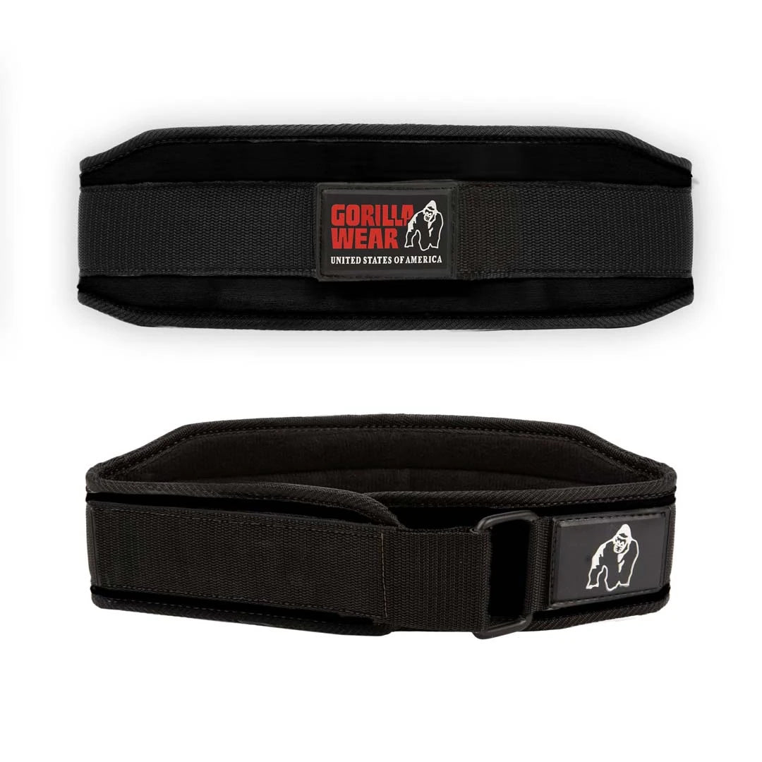 Musta Gorilla Wear 4 Inch Women's Lifting Belt -treenivyö tarranauhakiinnityksellä ja logolla.