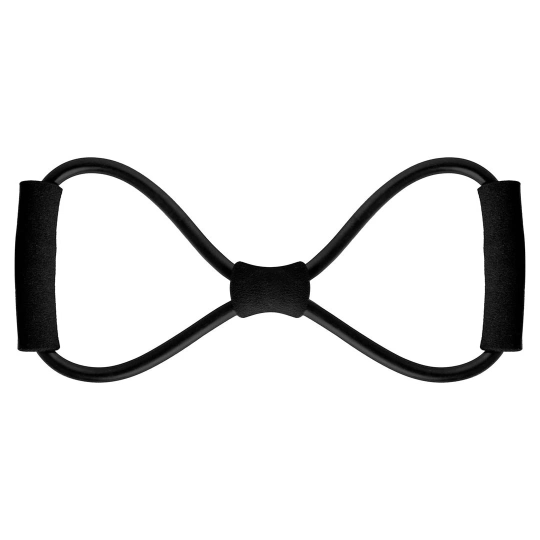 Musta kahdeksikon muotoinen Virtufit Figure 8 Resistance Cable -vastuskuminauha pehmeillä vaahtomuovikahvoilla.