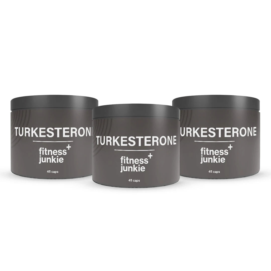 3 x fitnessjunkie Turkesterone 45 caps tummanharmaissa purkeissa valkoisilla yksityiskohdilla.