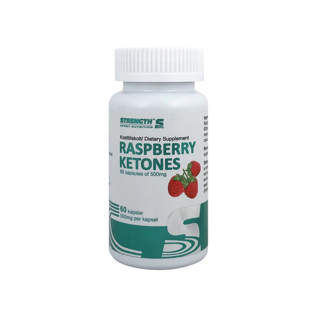 Strength Sport Nutrition Raspberry Ketone 60 caps valkoisessa purkissa, jossa on vihreä teksti ja vadelmien kuvia.