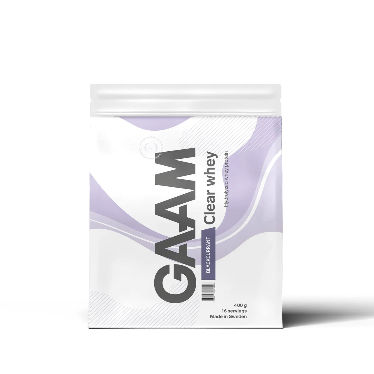 GAAM Clear Whey 400 g -proteiinijauhe valkoisessa pussissa liiloilla yksityiskohdilla, makuna Blackcurrant.