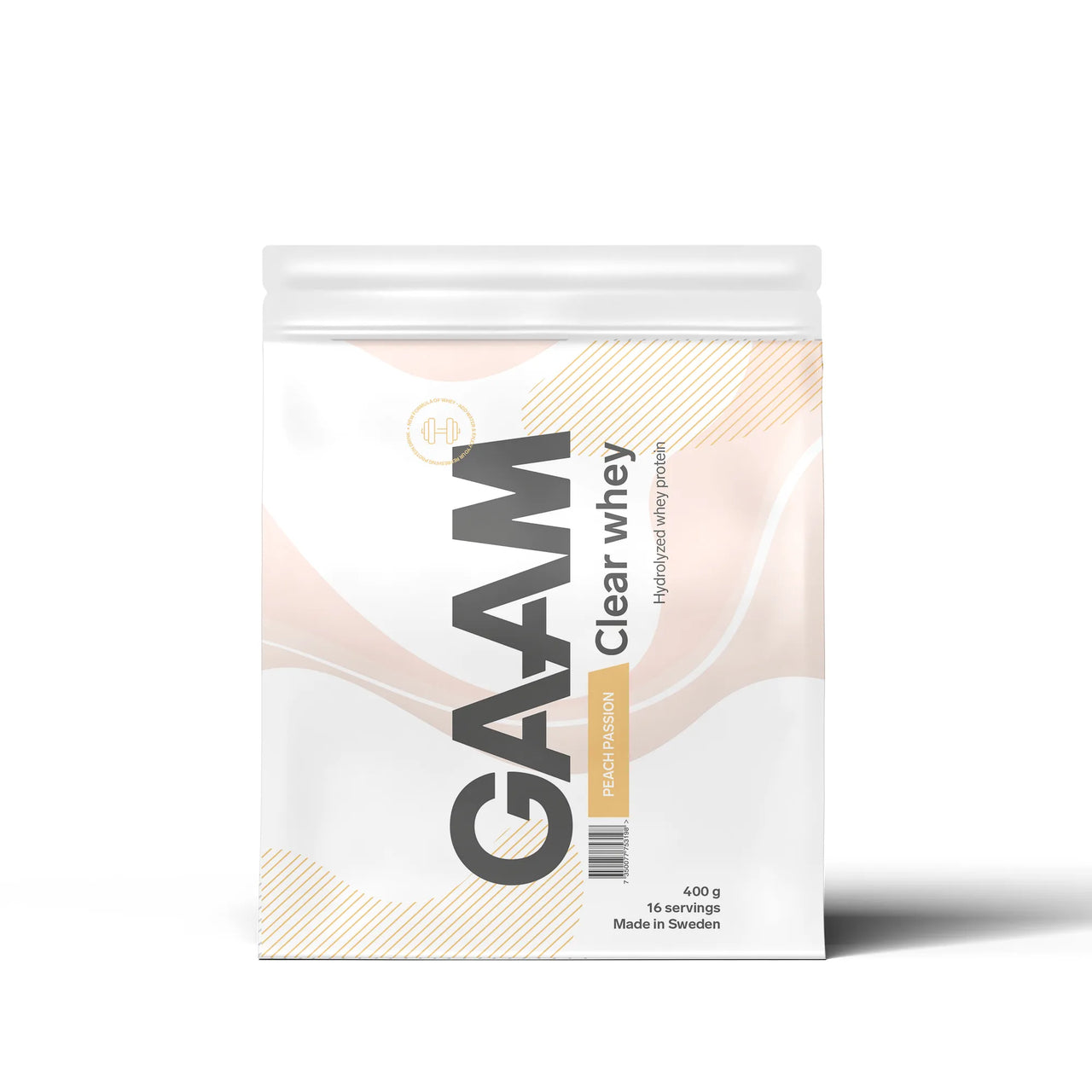 GAAM Clear Whey 400 g -proteiinijauhe valkoisessa pussissa persikanvärisillä kuvioilla, makuna Peach Passion.