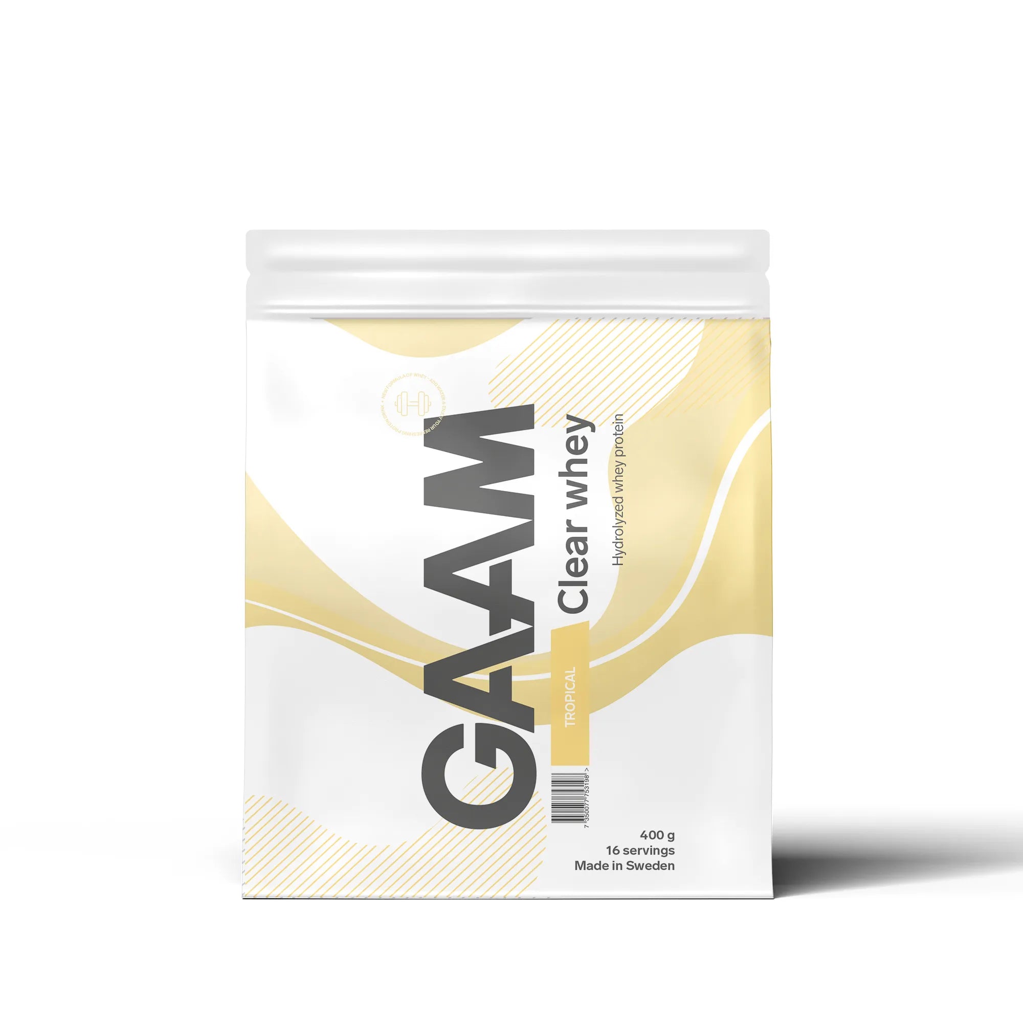 GAAM Clear Whey 400 g -proteiinijauhe valkoisessa pussissa vaaleankeltaisilla yksityiskohdilla, makuna Tropical., kuva 3/4