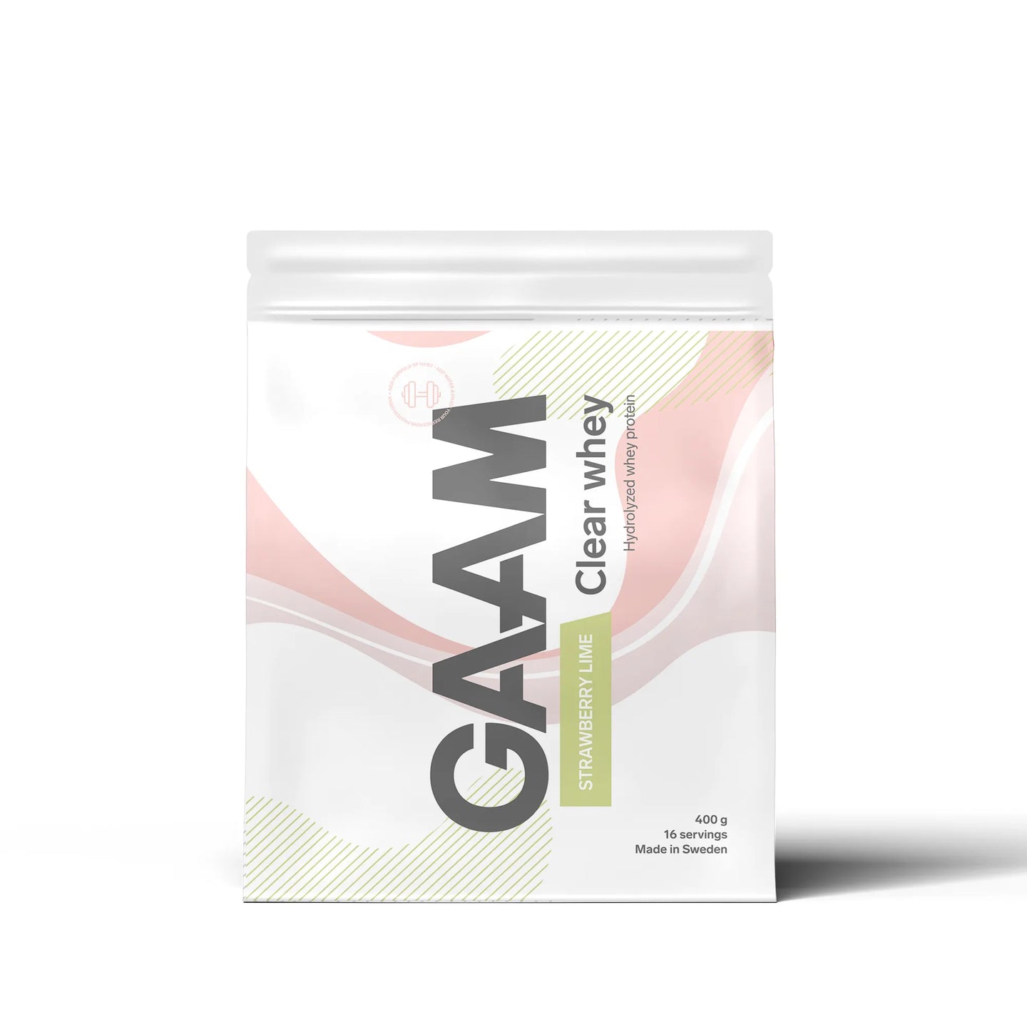 GAAM Clear Whey 400 g -proteiinijauhe valkoisessa pussissa pinkeillä ja vihreillä yksityiskohdilla, makuna Strawberry Lime., kuva 4/4