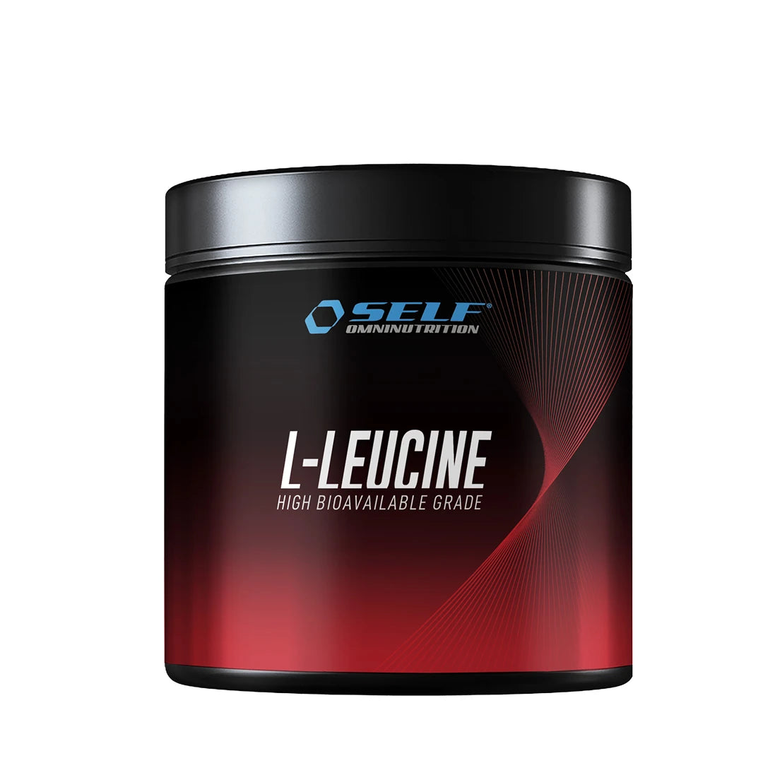Maustamaton Self Omninutrition Leucine 200 g -ravintolisä mustassa purkissa punaisilla yksityiskohdilla.