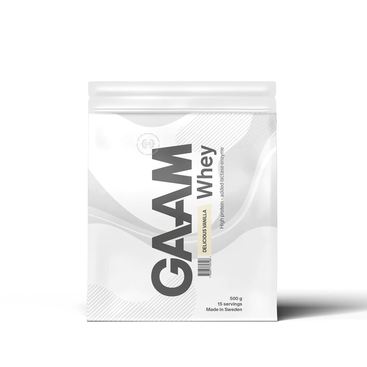 GAAM Whey 500 g -proteiinijauhetta valkoisessa pussissa, makuna Delicious Vanilla.