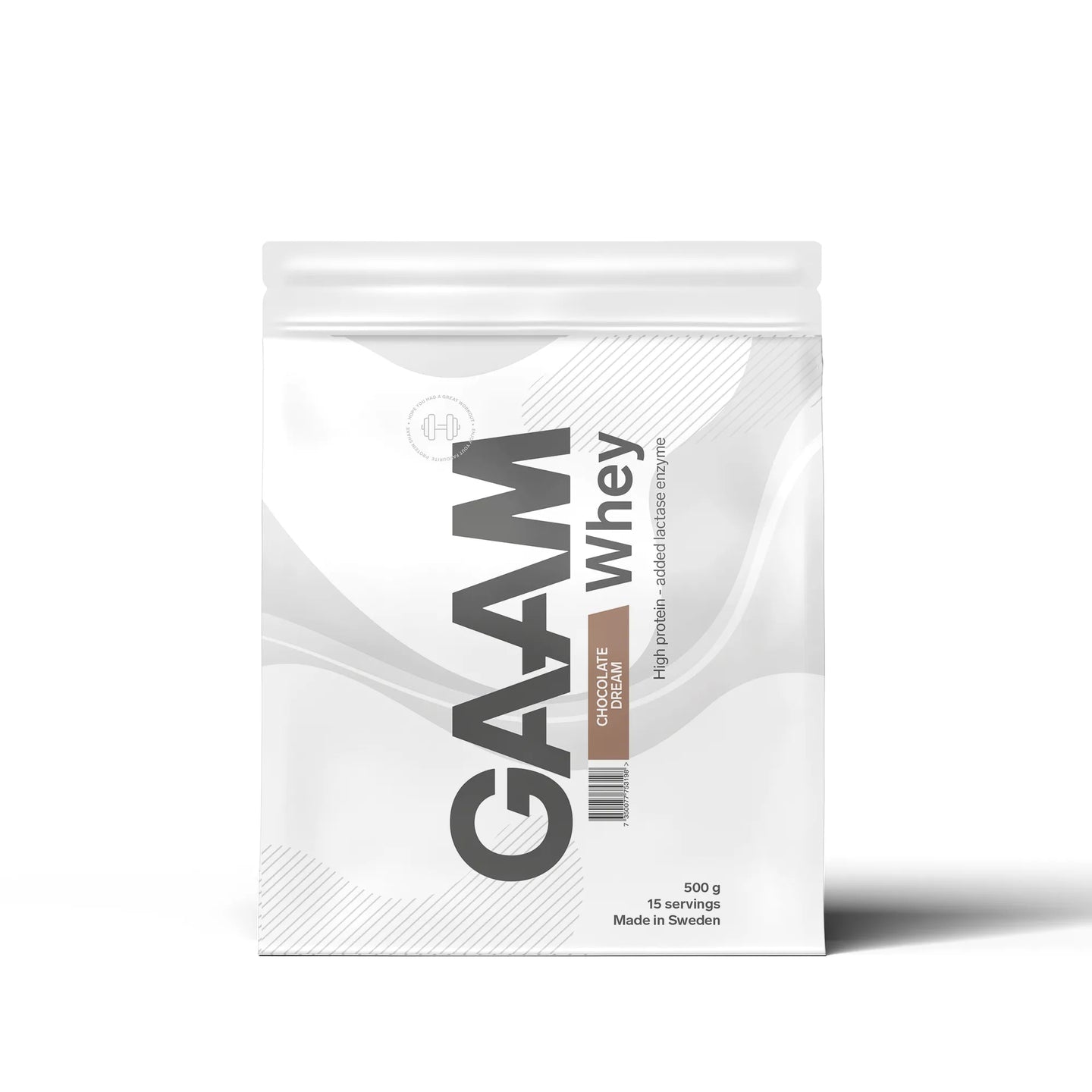 GAAM Whey 500 g -proteiinijauhe valkoisessa pussissa, makuna Chocolate Dream.