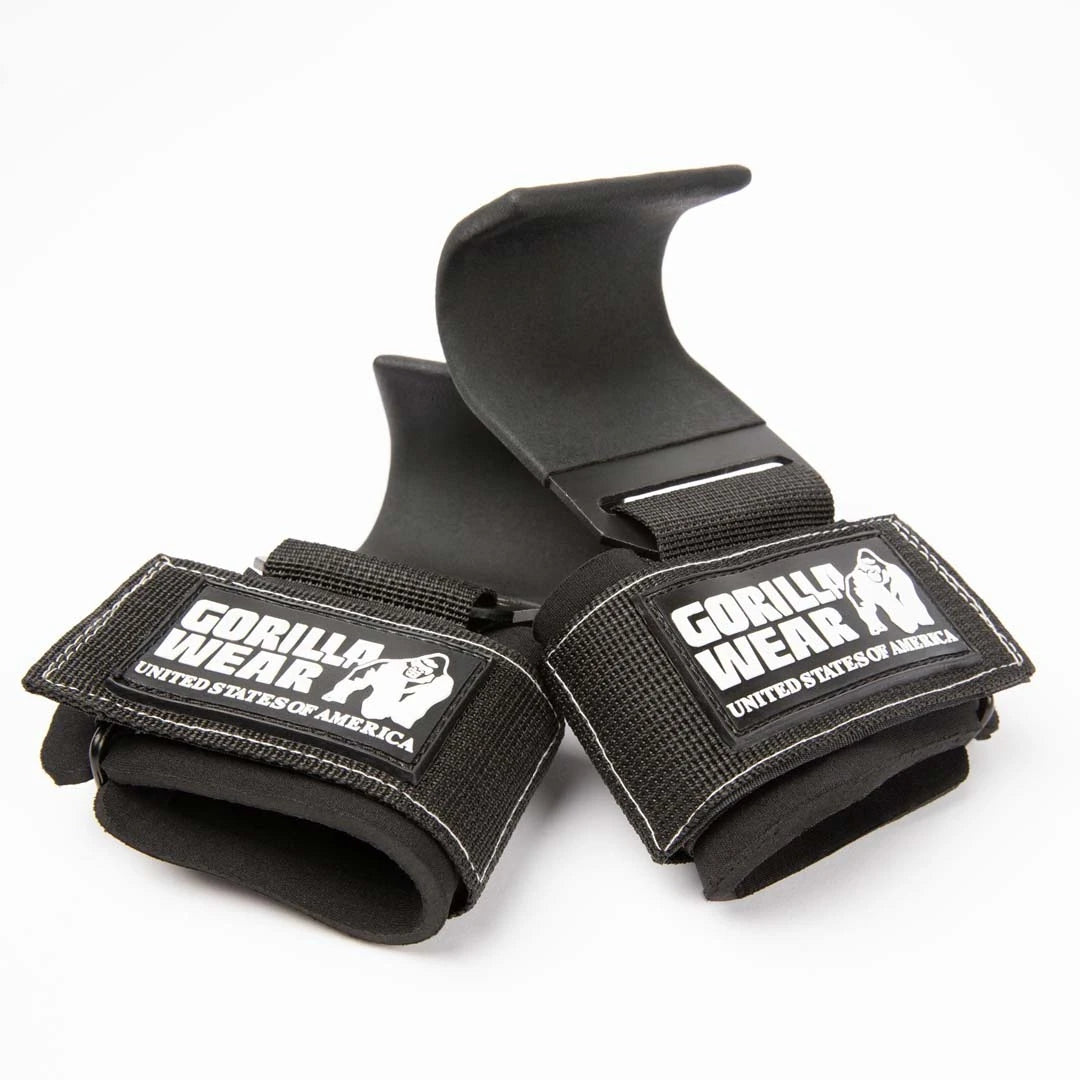Mustat Gorilla Wear Weight Lifting Hooks Black/White -vetokoukut teräksestä ja nailonista valkoisella logolla.