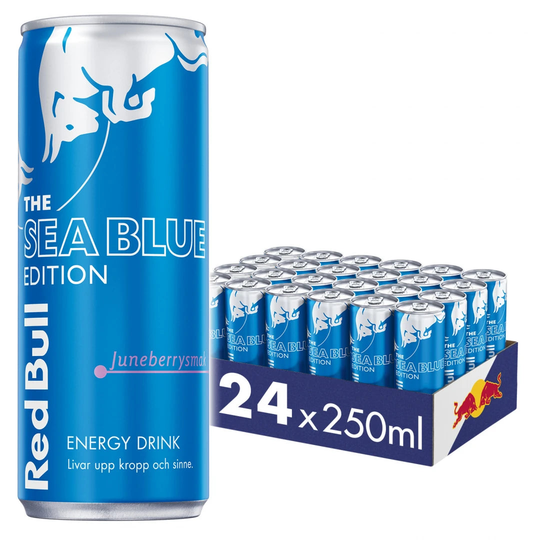 24 x Red Bull energiajuoma 250 ml Sea Blue Edition - Juneberry laatikossa kirkkaansinisillä ja hopeisilla tölkeillä.