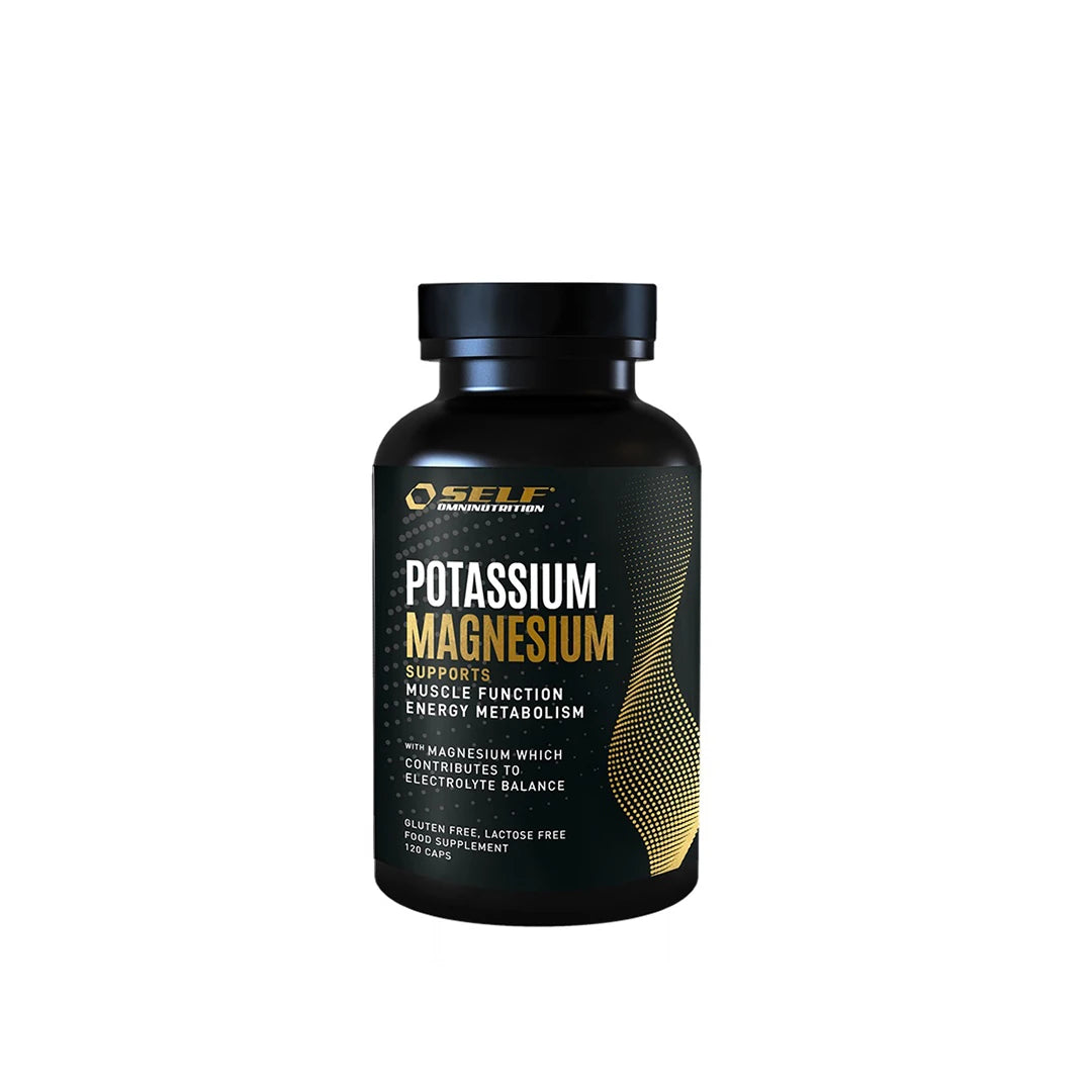 Self Omninutrition Potassium-Magnesium 120 caps, musta purkki kultaisilla yksityiskohdilla ja valkoisella tekstillä.