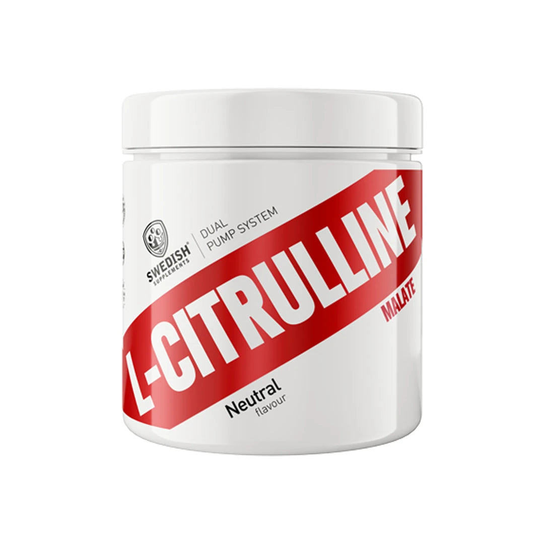Swedish Supplements Citrulline Malate 250 g maustamaton aminohappojauhe valkoisessa purkissa punaisella raidalla.