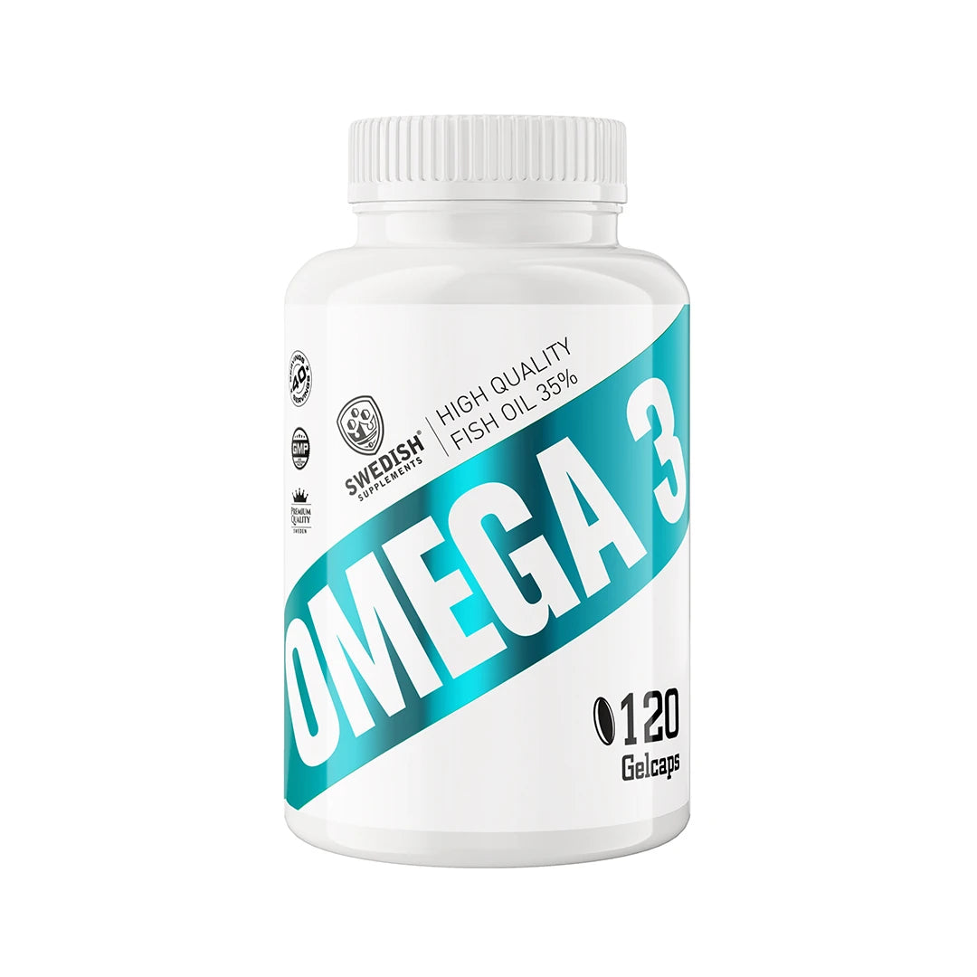 Valkoinen purkki turkoosilla tekstillä Swedish Supplements Omega 3 120 caps -kalaöljyravintolisälle.