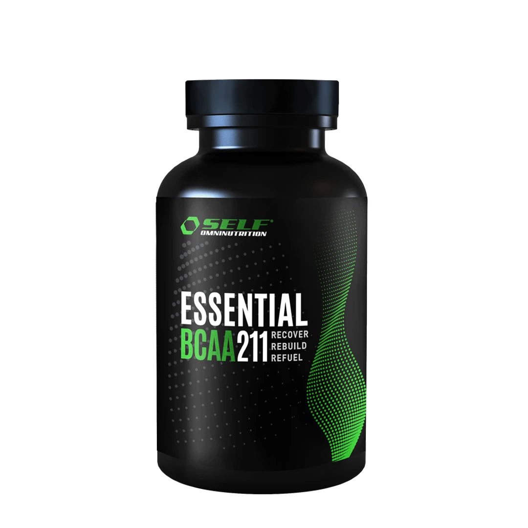 Self Omninutrition Essential BCAA 211 100 tabs mustassa purkissa, jossa on vihreitä graafisia yksityiskohtia.