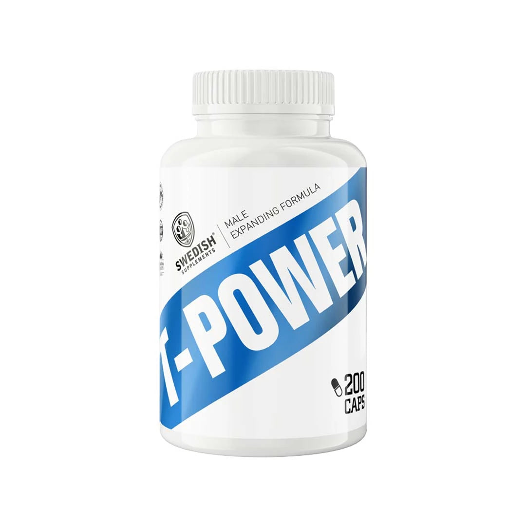 Valkoinen purkki sinisellä tekstillä testosteronibuusterille Swedish Supplements T-Power 200 caps.