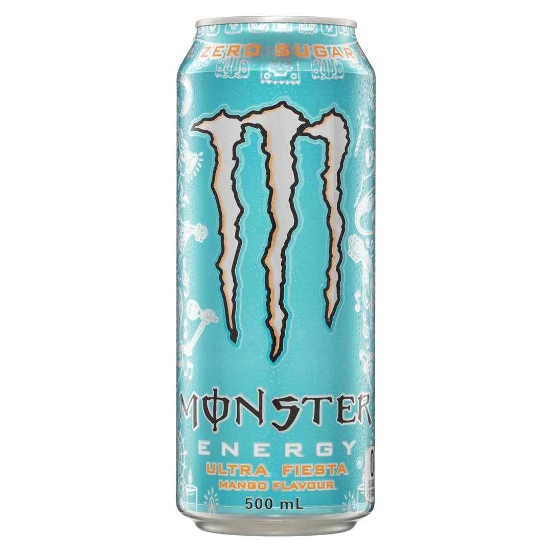 Monster Energy 500 ml turkoosissa metallitölkissä valkoisilla yksityiskohdilla, makuna sokeriton Ultra Fiesta Mango.