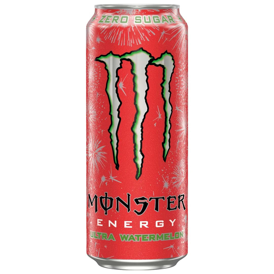 Monster Energy 500 ml punaisessa hopeakuvioidussa tölkissä, makuna sokeriton Ultra Watermelon., kuva 4/19