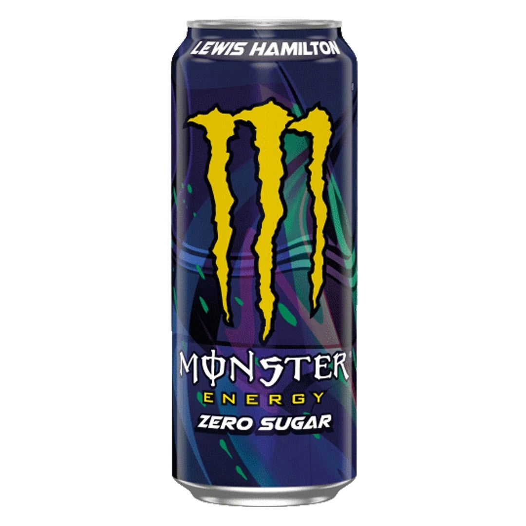 Monster Energy 500 ml tummansinisessä tölkissä keltaisella m-logolla, makuna Lewis Hamilton Zero Sugar., kuva 5/19