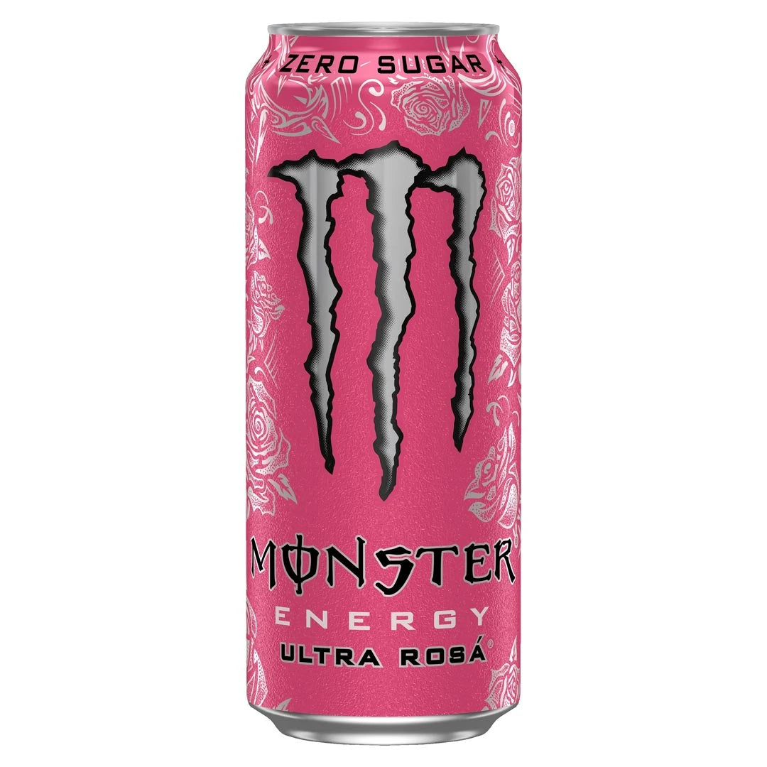 Monster Energy 500 ml vaaleanpunaisessa tölkissä hopeisilla yksityiskohdilla, makuna sokeriton Ultra Rosá., kuva 6/19