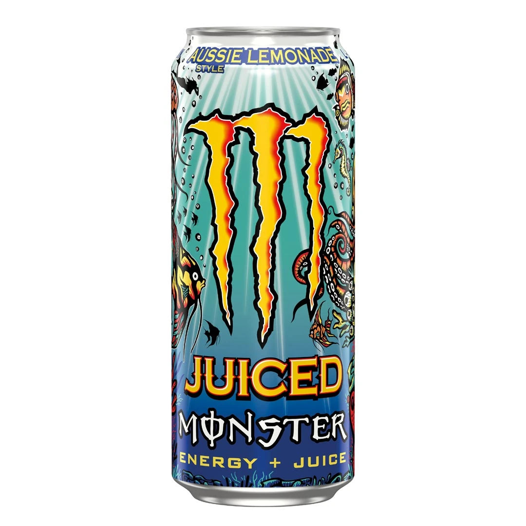 Monster Energy 500 ml vaaleansinisessä tölkissä vedenalaisella kuviolla, makuna Aussie Lemonade., kuva 7/19