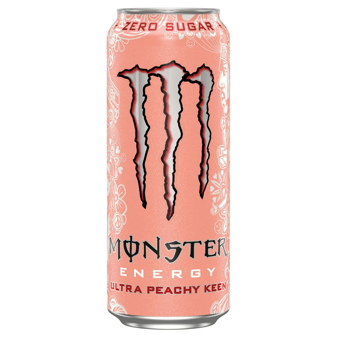 Monster Energy 500 ml -energiajuoma persikanvärisessä tölkissä hopeisilla yksityiskohdilla, makuna Ultra Peachy Keen., kuva 9/19