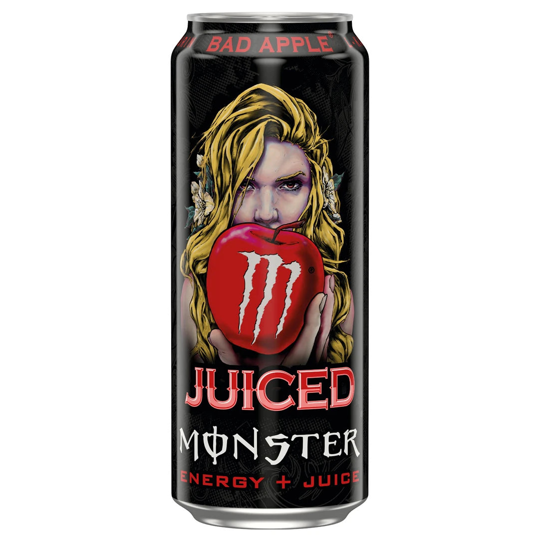 Monster Energy 500 ml mustassa tölkissä, jossa on naisen ja punaisen omenan kuva, makuna Juiced Bad Apple., kuva 10/19