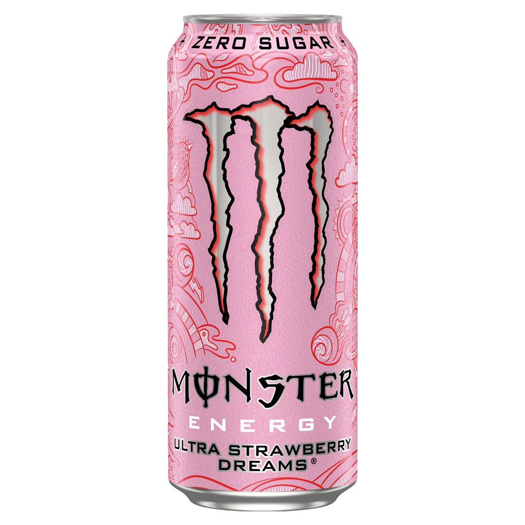 Monster Energy 500 ml vaaleanpunaisessa kuvioidussa tölkissä, sokeriton Ultra Strawberry Dreams -maku., kuva 11/19