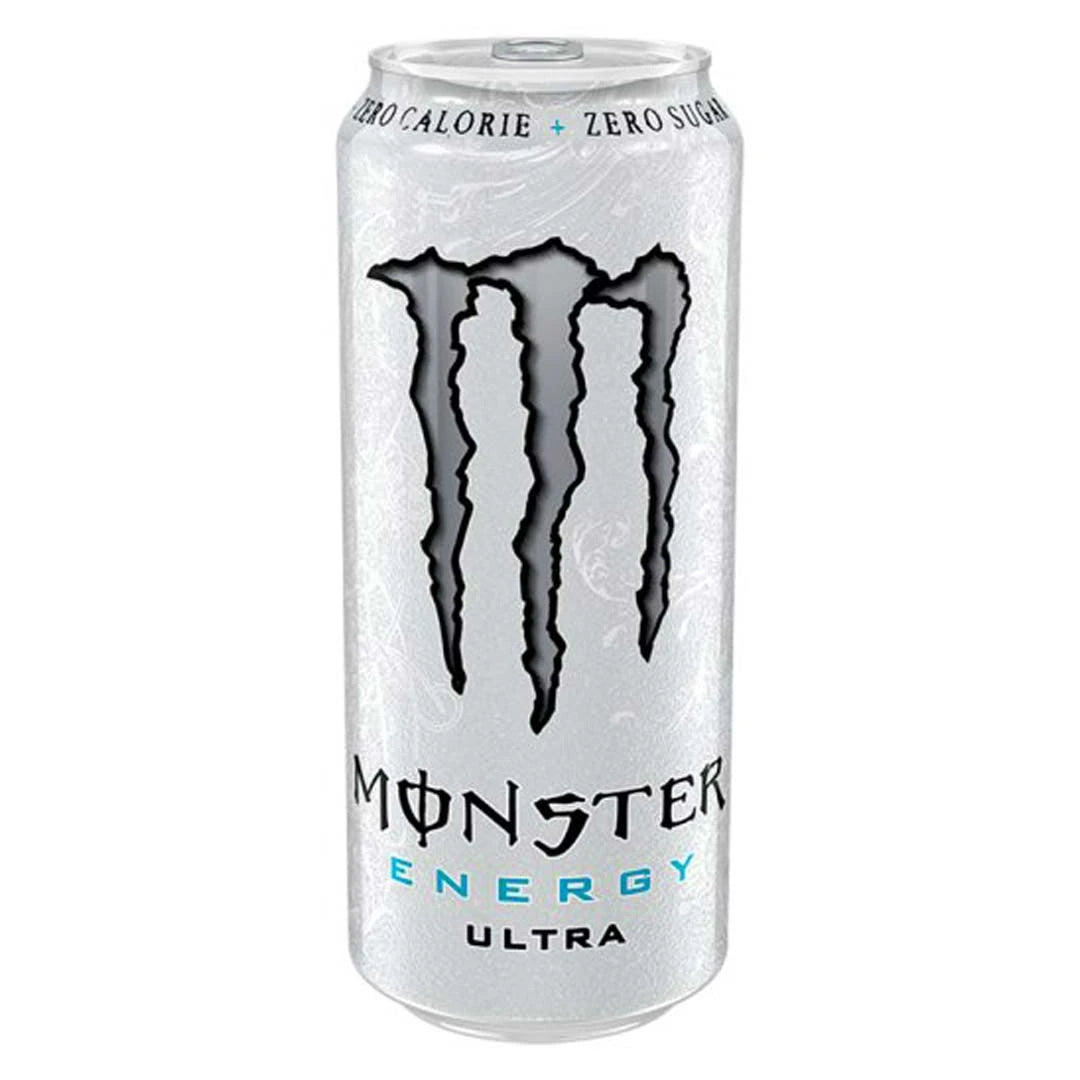 Monster Energy 500 ml valkoisessa tölkissä hopeisilla yksityiskohdilla, makuna sokeriton Ultra White., kuva 12/19