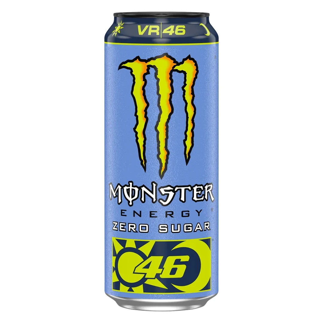 Monster Energy 500 ml vaaleansinisessä tölkissä keltaisilla yksityiskohdilla, makuna VR46 Zero Sugar., kuva 15/19