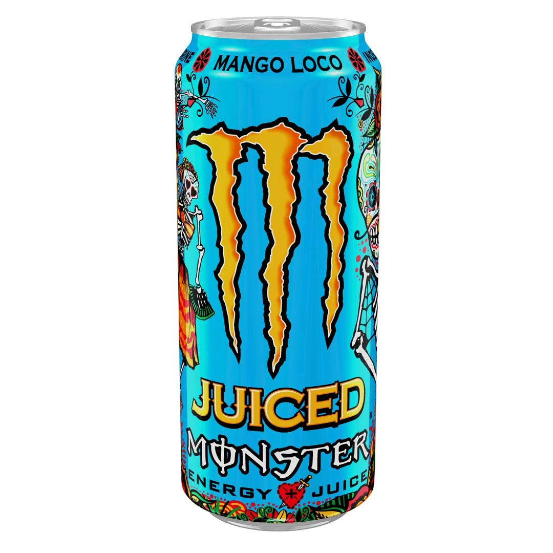 Monster Energy 500 ml vaaleansinisessä tölkissä, jossa on värikäs pääkallokuvio, makuna Mango Loco., kuva 18/19