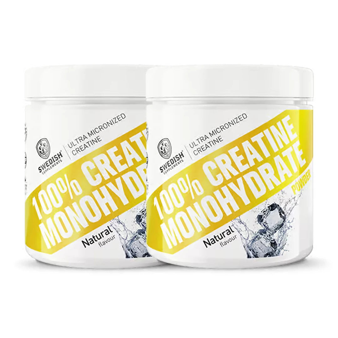 2 x Swedish Supplements Creatine Monohydrate 250 g valkoisissa purkeissa keltaisilla yksityiskohdilla, makuna Natural., kuva 1/1