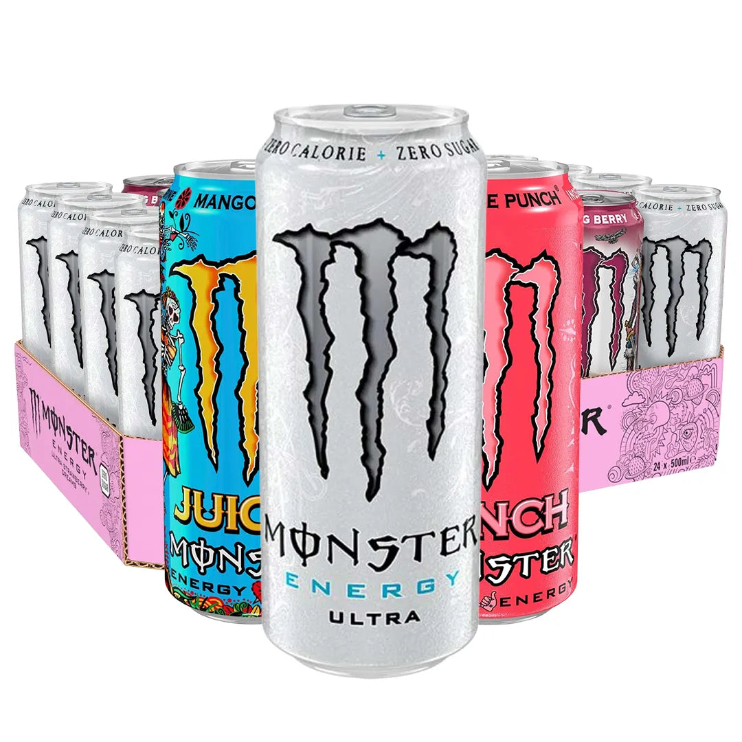 24 x Monster Energy 500 ml Mixflak täynnä useita värikkäitä energiajuomatölkkejä liilassa pahvilaatikossa.