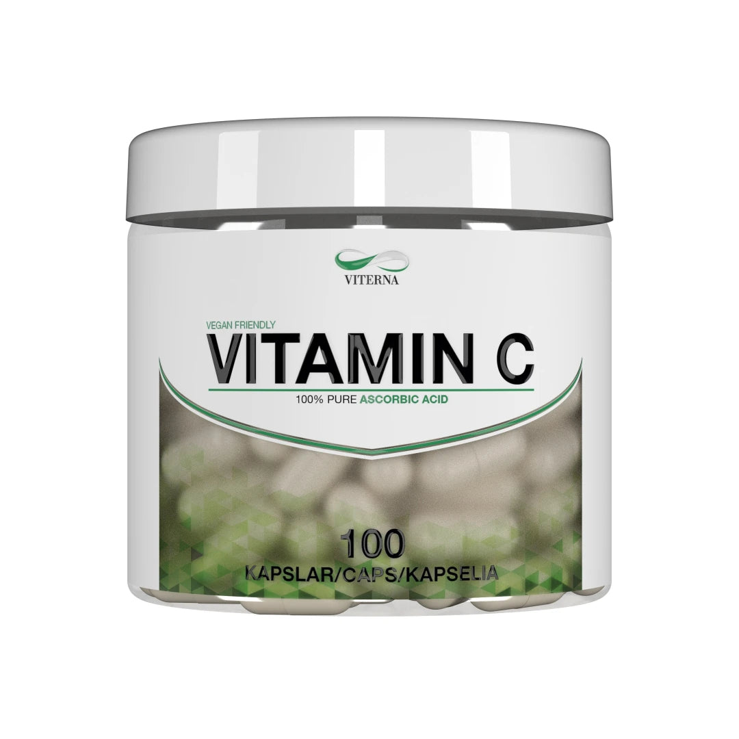 Viterna Vitamin C 100 caps, vegaaninen ravintolisä valkoisessa muovipurkissa vihreillä yksityiskohdilla.