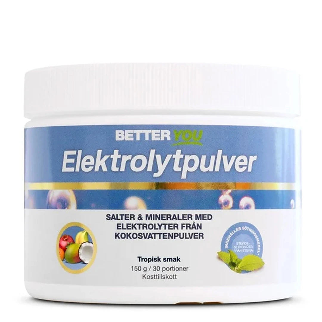 Better You Elektrolyyttijauhe 150 g valkoisessa purkissa sinisellä etiketillä, makuna Tropisk., kuva 2/3