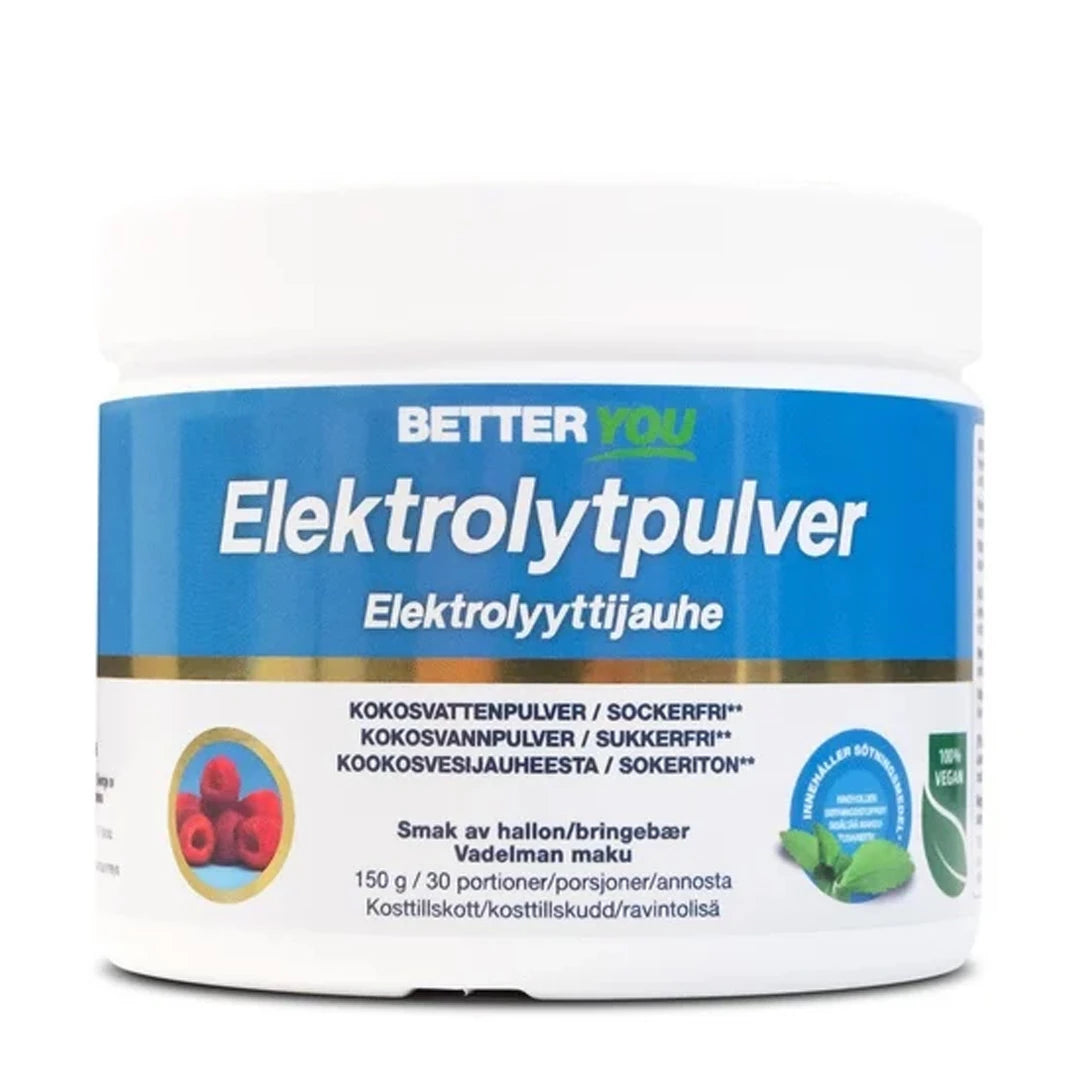 Better You Elektrolyyttijauhe 150 g valkoisessa purkissa sinisellä etiketillä, makuna vadelma., kuva 3/3