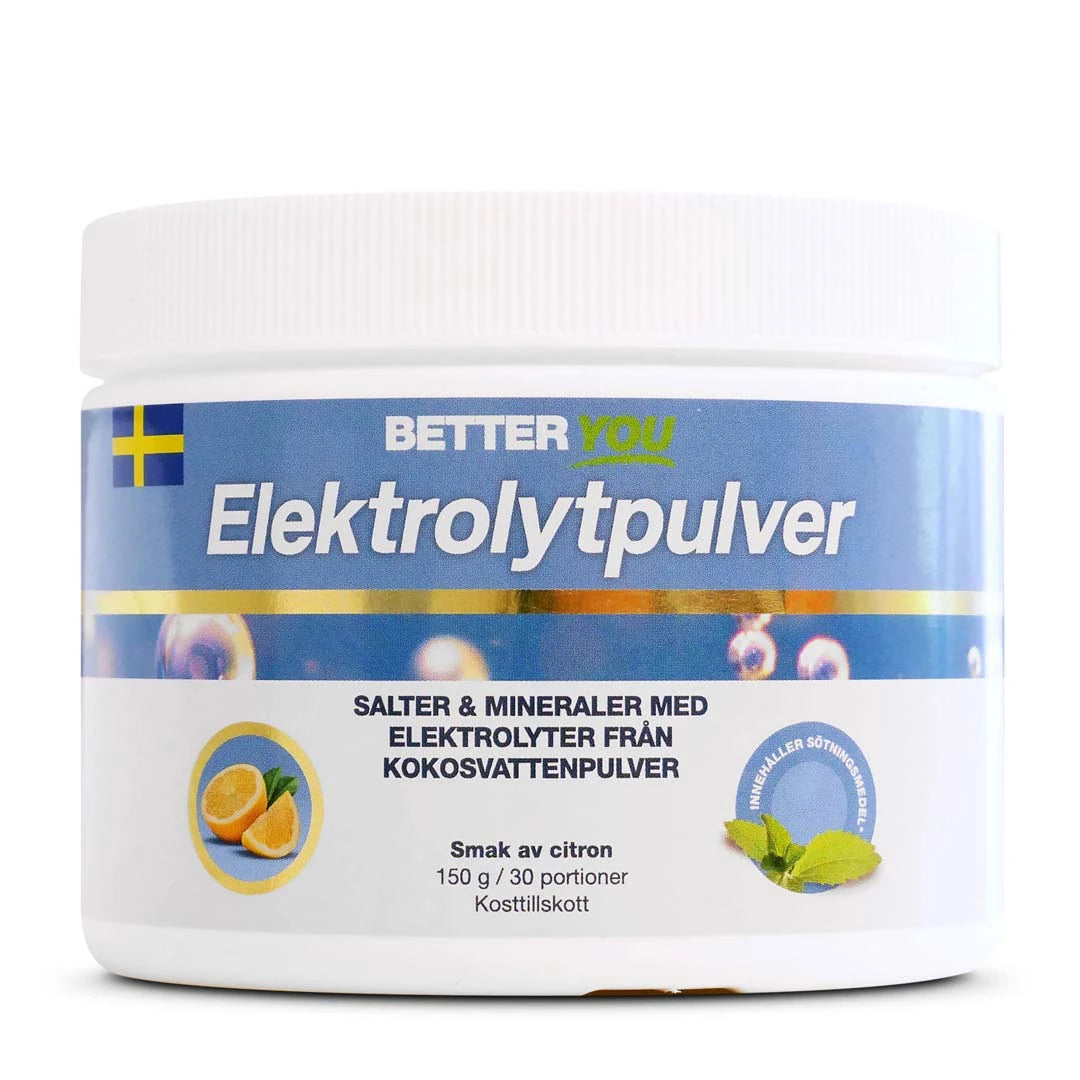 Valkoinen purkki Better You Elektrolytpulver 150 g -jauhetta maussa sitruuna, sinisellä etiketillä.