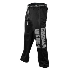 Mustat Gorilla Wear Logo Mesh Pants -verkkotreenihousut, joissa on valkoinen kiristysnauha ja iso logo lahkeessa., kuva 4/4