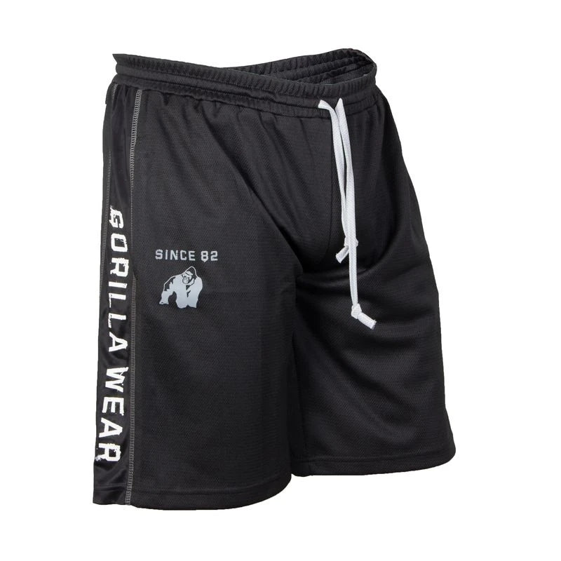 Mustat Gorilla Wear Functional Mesh Shorts Svart/Vit -treenishortsit verkkomateriaalia valkoisella logolla ja nyörillä., kuva 2/4