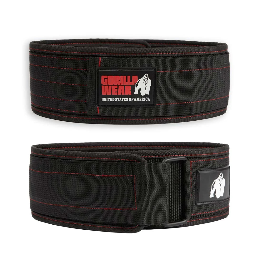Musta nyloninen Gorilla Wear 4 Inch Nylon Belt Black/Red -painonnostovyö punaisilla yksityiskohdilla ja soljella.