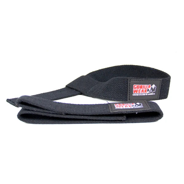 Mustat Gorilla Wear Lifting Straps kestävästä puuvillasta ja neopreenistä logolla raskaisiin nostoihin.
