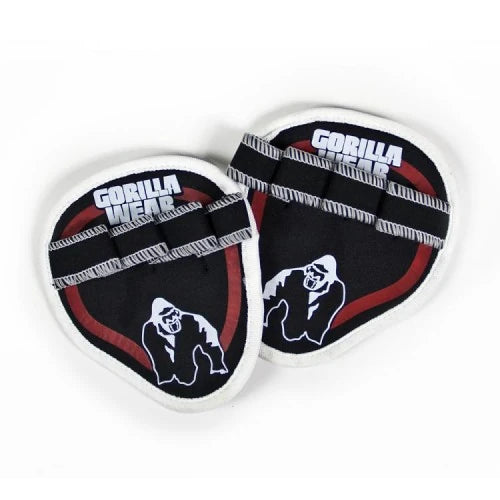 Mustat Gorilla Wear Palmgrip Röd -treenigripit voimaharjoitteluun, punaisilla yksityiskohdilla ja valkoisella logolla.