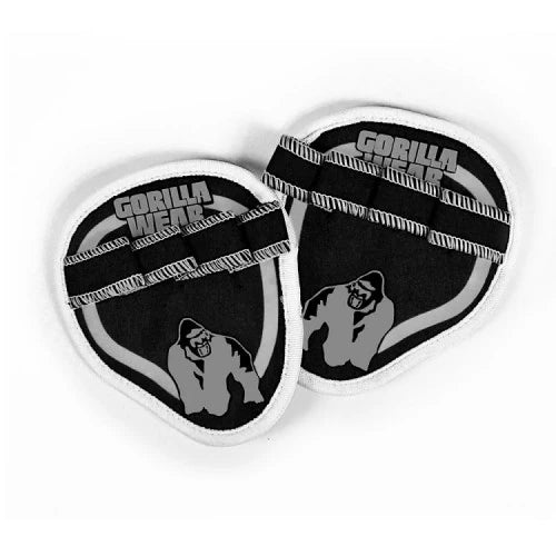Mustat Gorilla Wear Palmgrip Svart -treenigripit valkoisilla reunoilla ja logolla.