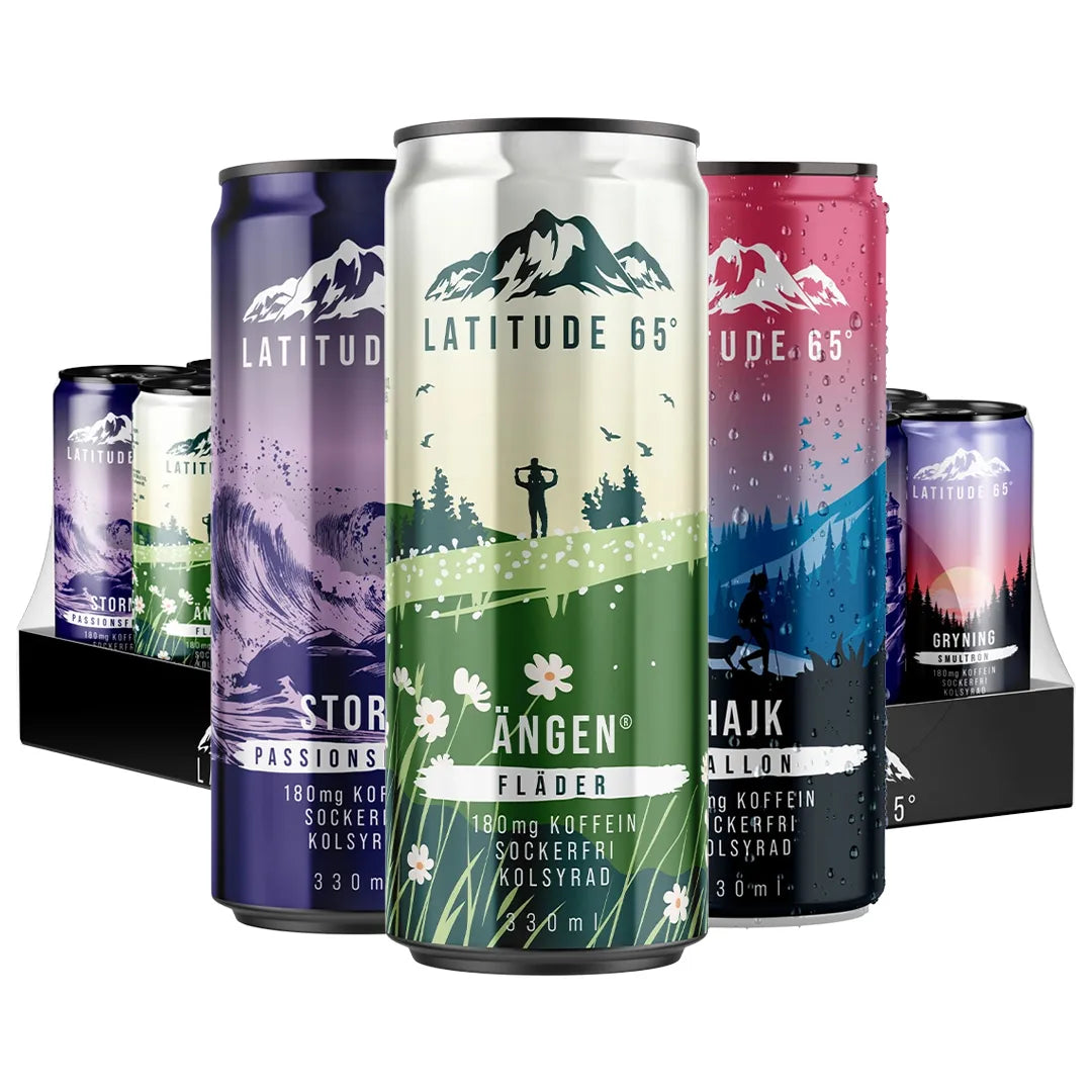 24 x Latitude 65 330 ml Mixflak -energiajuomia eri mauissa ja värikkäissä tölkeissä mustalla alustalla.