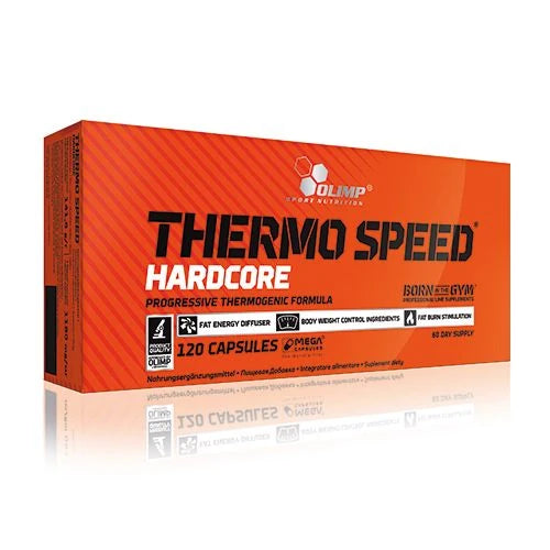 Olimp Thermo Speed Hardcore 120 caps -rasvanpolttaja oranssissa pahvirasiassa mustavalkoisilla tekstiyksityiskohdilla.
