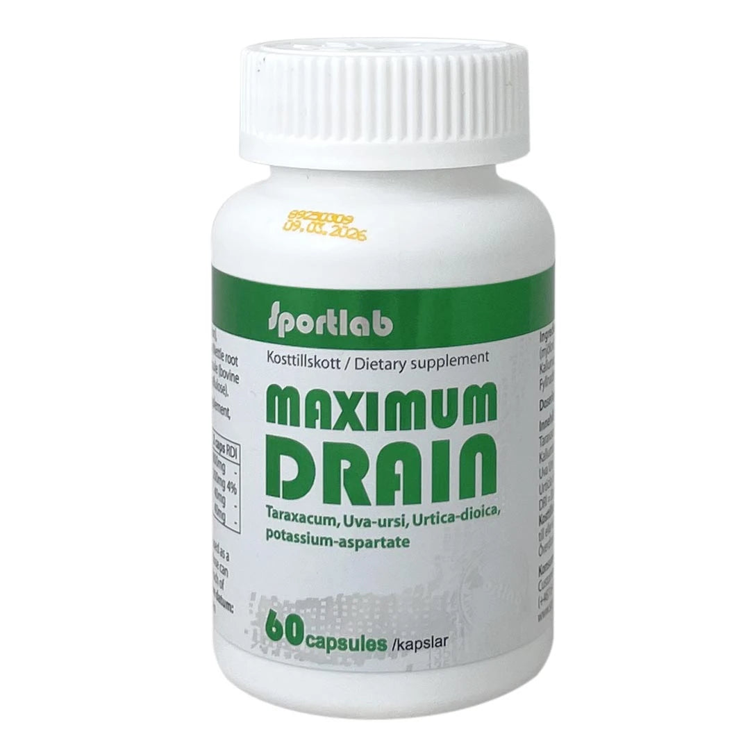 Sportlab Maximum Drain 60 caps, nesteenpoistoa edistävä ravintolisä valkoisessa purkissa vihreällä tekstillä.