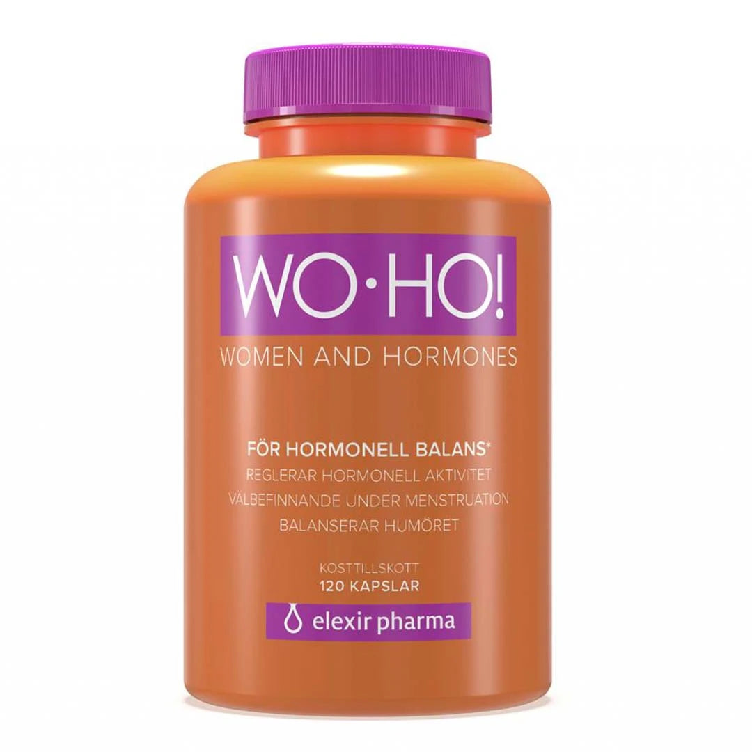 Oranssi purkki liilalla kannella, joka sisältää Elexir Pharma WoHo! 120 caps -ravintolisää naisten hormonaaliseen tasapainoon.