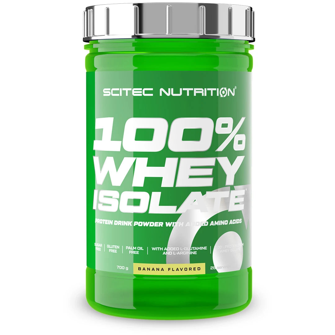 Scitec Nutrition 100% Whey Isolate 700 g -proteiinijauhe vihreässä purkissa hopeisella kannella, makuna Banana.