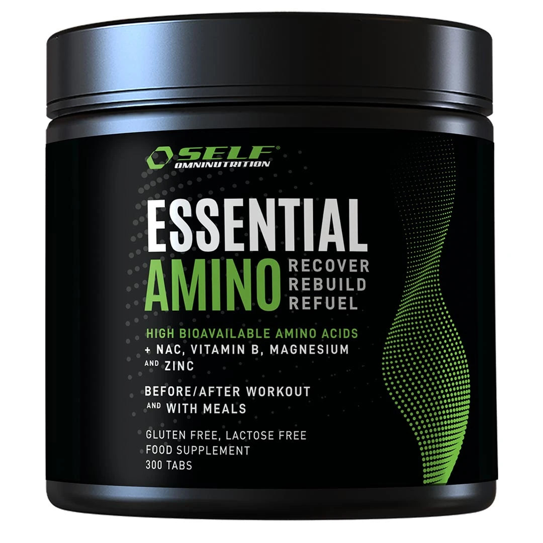 Musta purkki Self Omninutrition Essential Amino 300 tabs -aminohappotabletteja vihreällä ja valkoisella tekstillä.