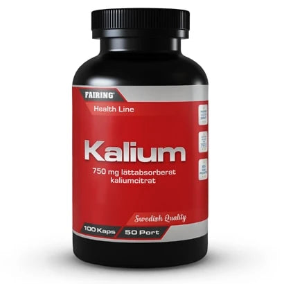 Musta purkki Fairing Kalium 100 caps -kivennäisainelisää punaisella etiketillä ja hopeisilla yksityiskohdilla.
