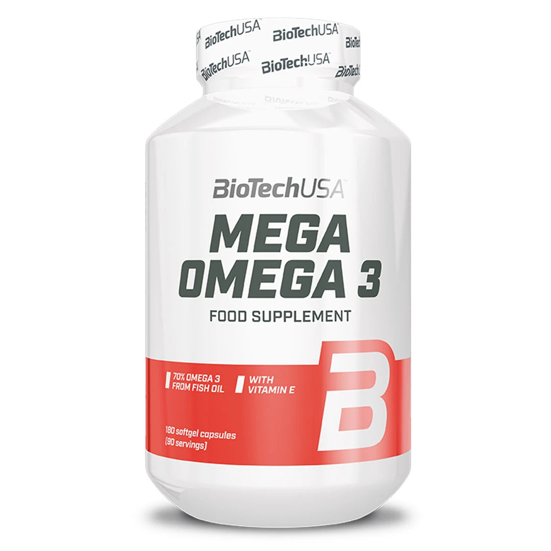 BioTechUSA Mega Omega 3 180 caps valkoisessa purkissa, jossa on punainen alaosa ja harmaa teksti.